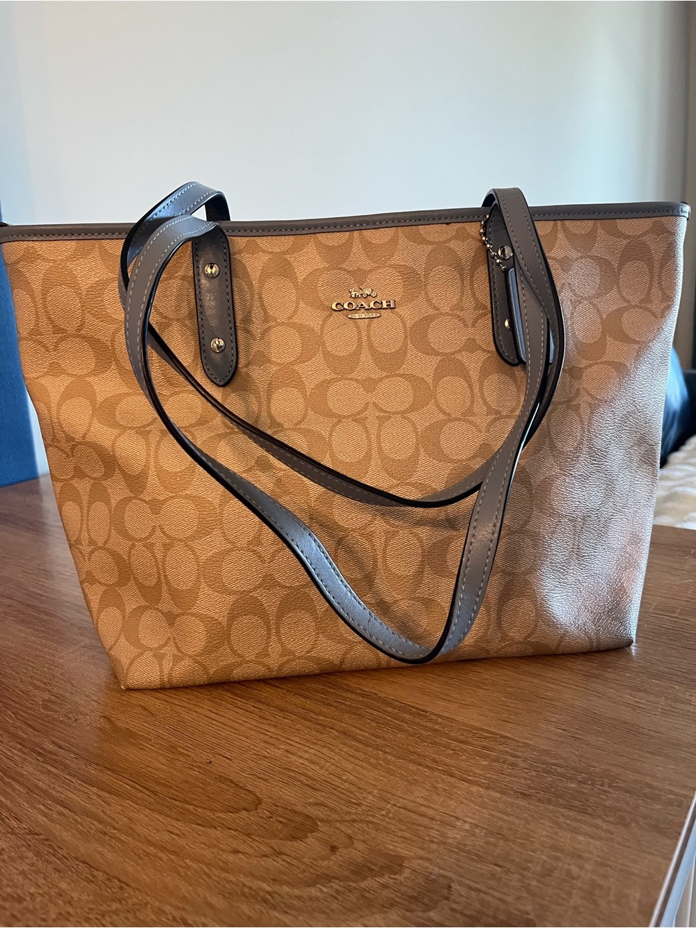 Coach Signature Canvas Tote in Brown with Blue Accents